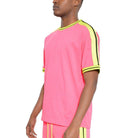 Men's striped short sleeve shirt in vibrant pink with contrasting lime green accents