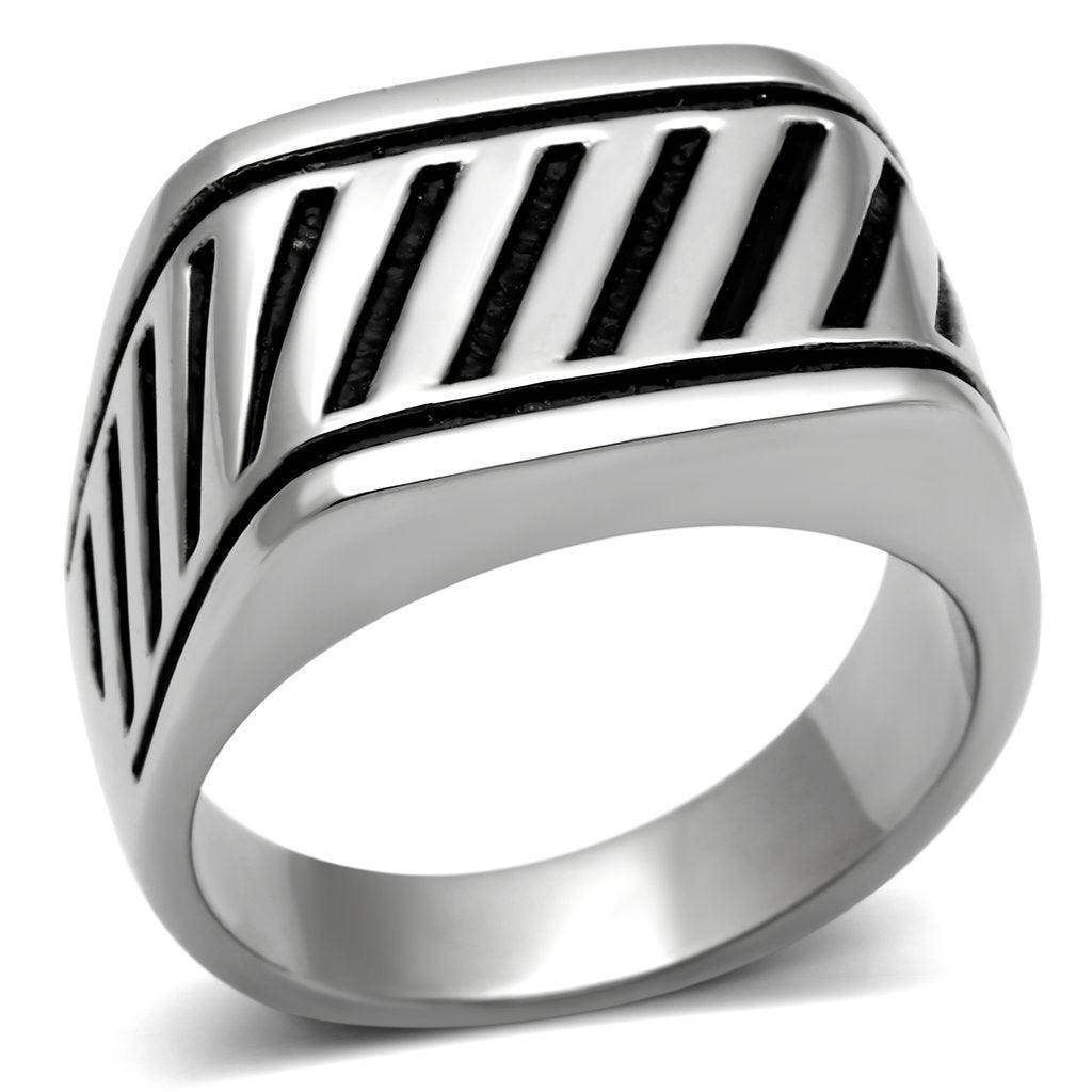 Men's striped stainless steel ring featuring a bold chevron design and polished finish
