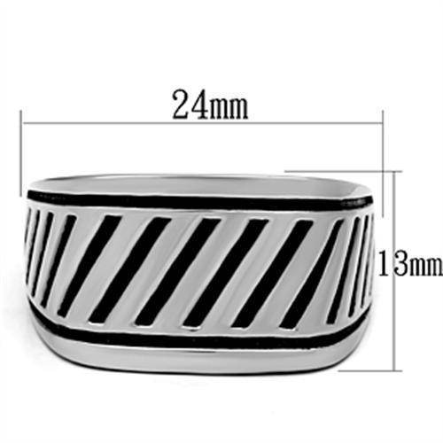 Striped stainless steel ring measuring 24mm wide and 13mm thick for men's jewelry collection