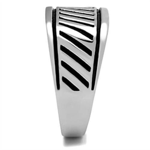 VacationGrabs striped stainless steel ring with a sleek design featuring bold diagonal grooves