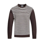 Men's striped sweater for vacations in brown and white with classic crew neckline