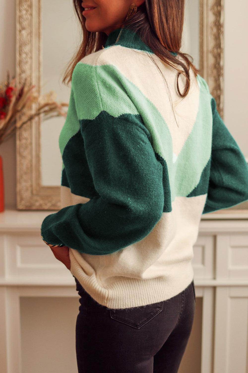 Trendsi Stylish Color Block Sweater featuring green and cream color blocks for a trendy look