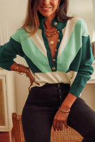 Trendsi Stylish Color Block Sweater in Green and White with Button Detail and Cozy Fit