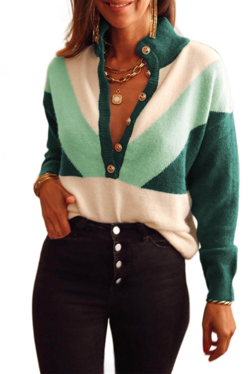 Trendsi Stylish Color Block Sweater in Green and Cream with Buttoned Neckline and Cozy Fit