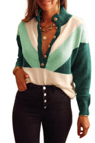 Trendsi Stylish Color Block Sweater in Green and Cream with Buttoned Neckline and Cozy Fit