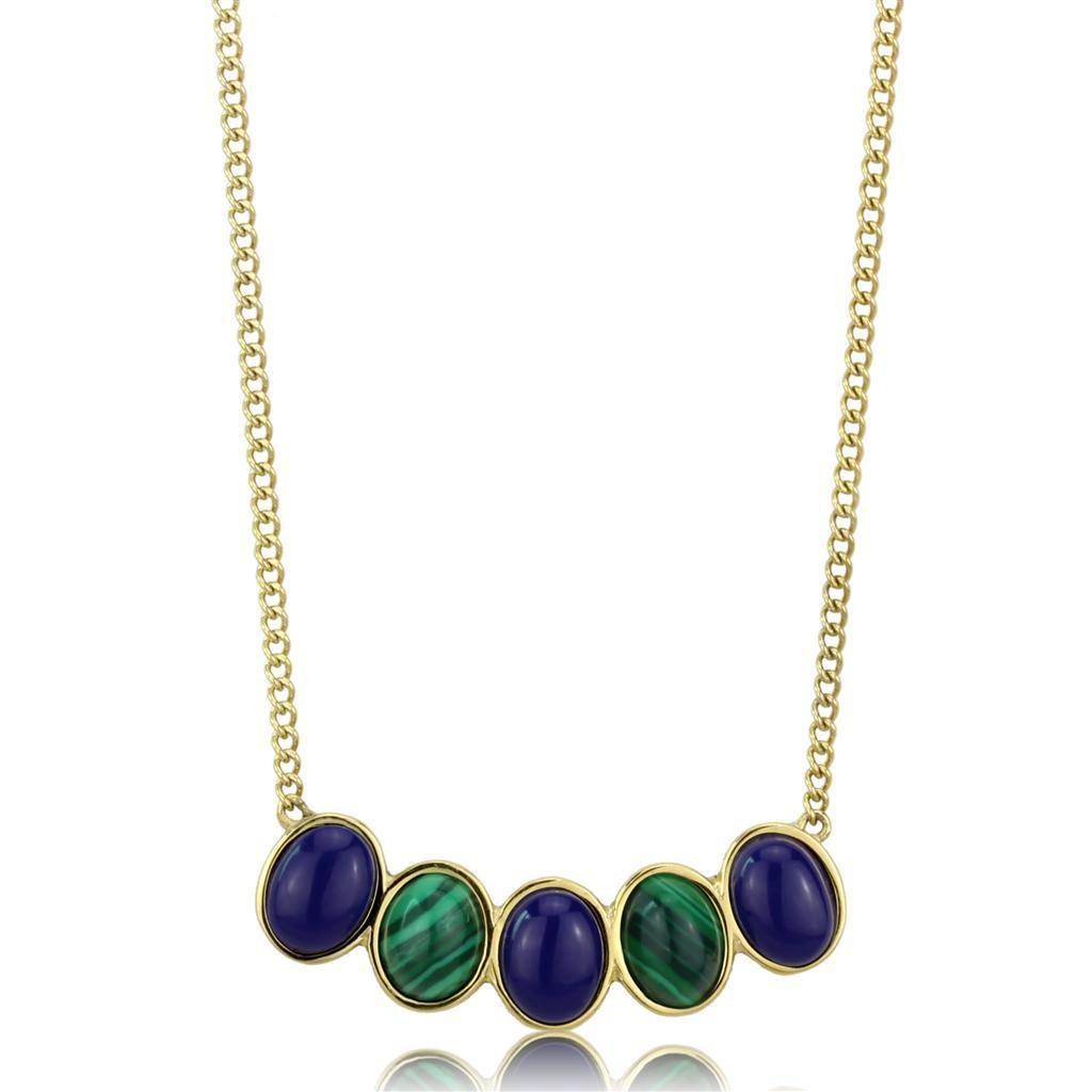Stylish gold necklace for travel featuring blue and green decorative stones for a chic look