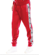 VacationGrabs stylish joggers for men in red with snake print side stripes and elastic waistband