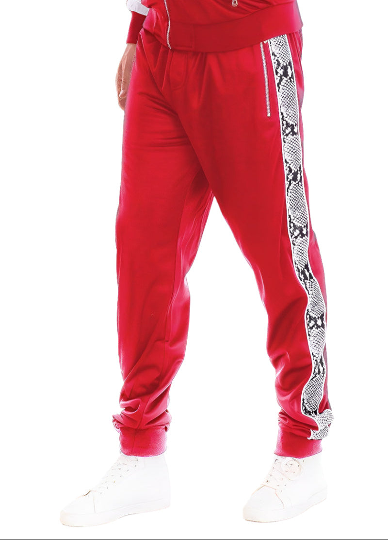 VacationGrabs stylish joggers for men in red with snake print side stripes and elastic waistband
