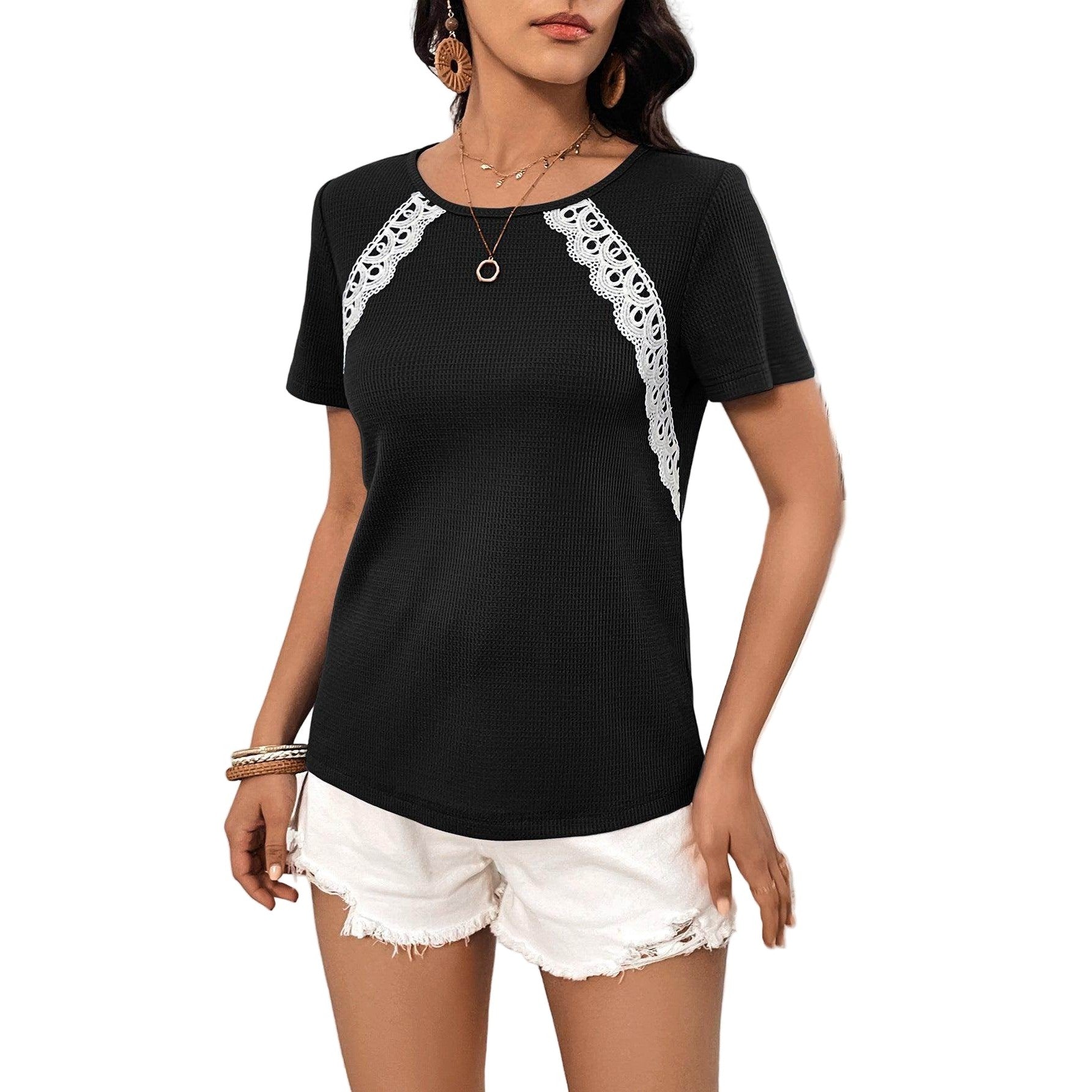 Stylish lace trim shirt in black with elegant detailing for a chic summer look