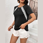 Trendsi stylish lace trim shirt in black, featuring lace detailing on sleeves for a chic look
