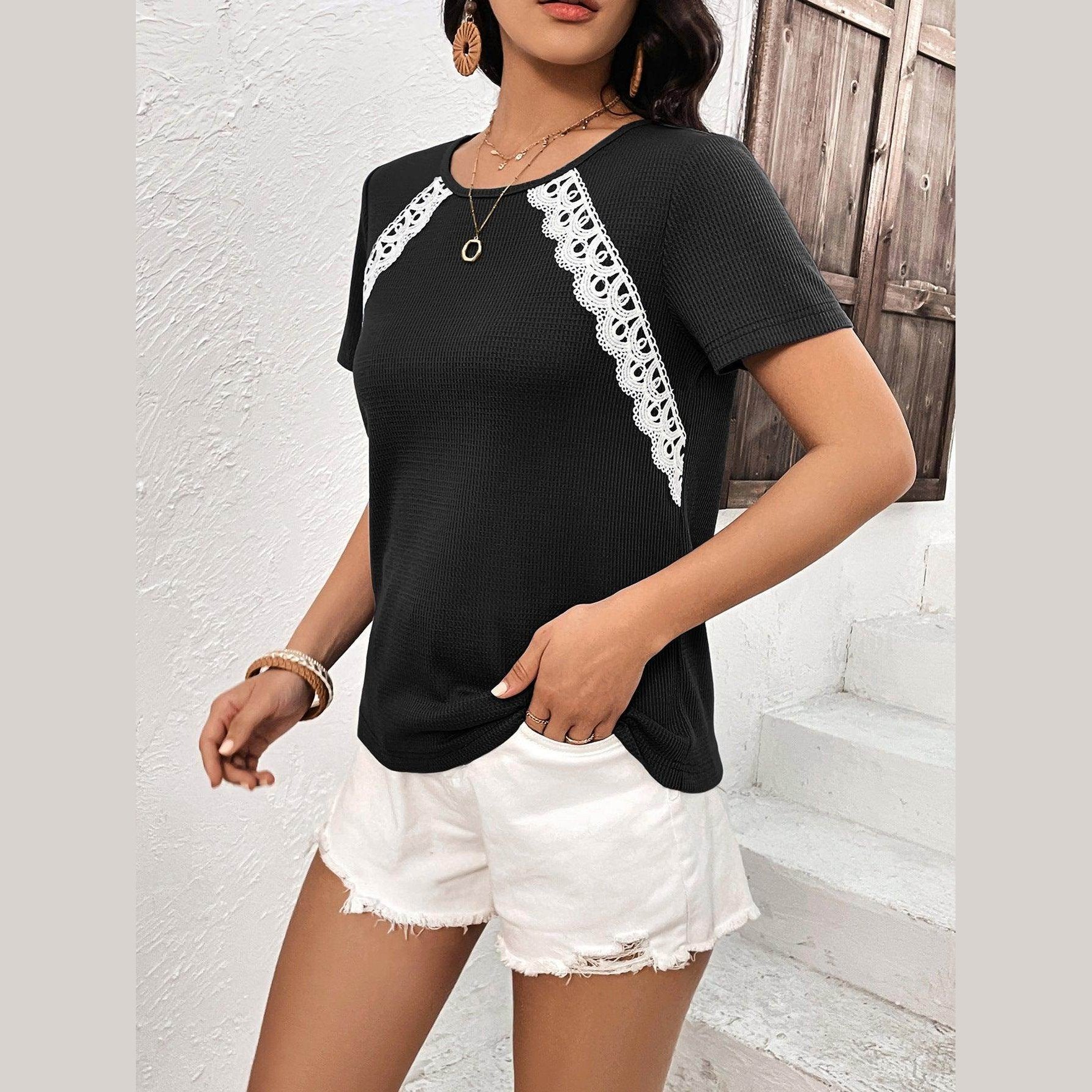 Trendsi stylish lace trim shirt in black, featuring lace detailing on sleeves for a chic look