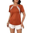 Stylish lace trim shirt in rust color with elegant detailing, perfect for casual outings