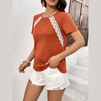 Trendsi stylish lace trim shirt in rust color with crochet details paired with white shorts