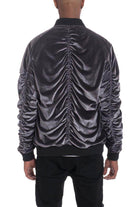 Stylish mens bomber jacket in gray velvet with gathered detailing on the back for a modern look