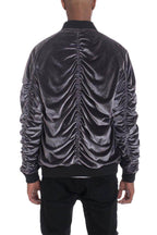 Stylish mens bomber jacket in gray velvet with gathered detailing on the back for a modern look