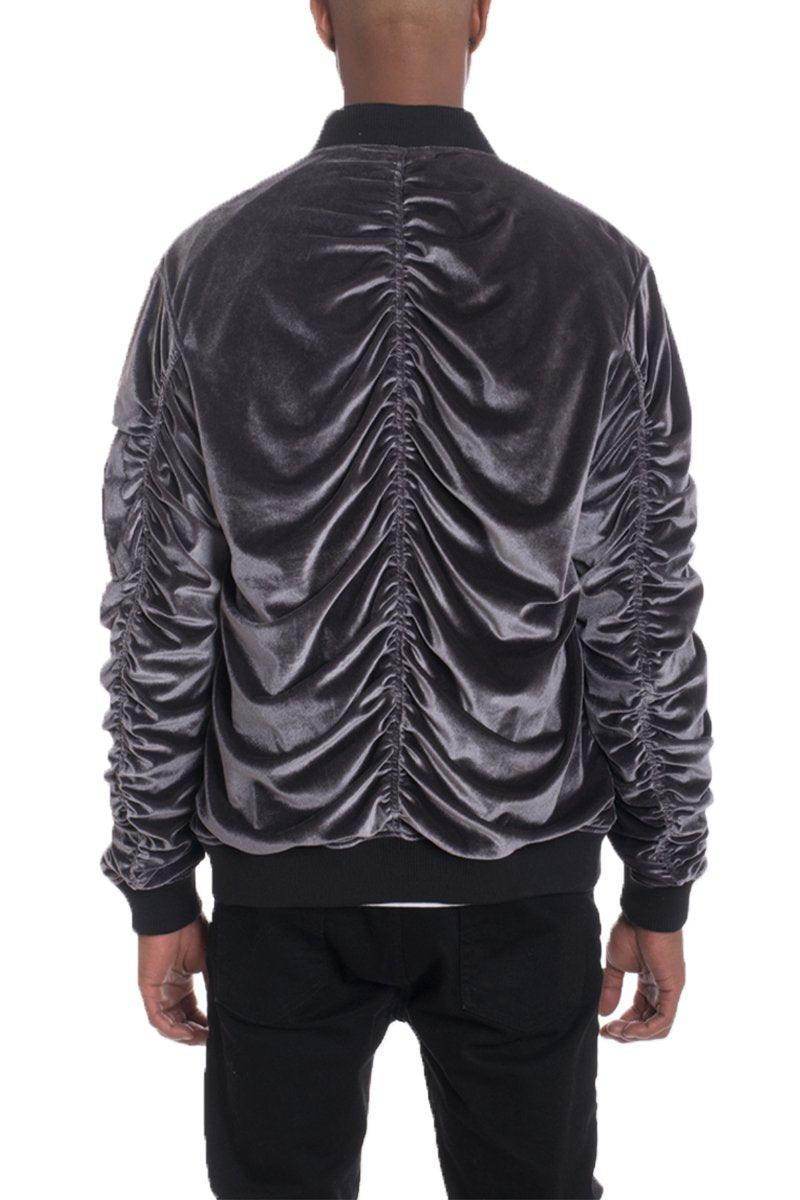 Stylish mens bomber jacket in gray velvet with gathered detailing on the back for a modern look