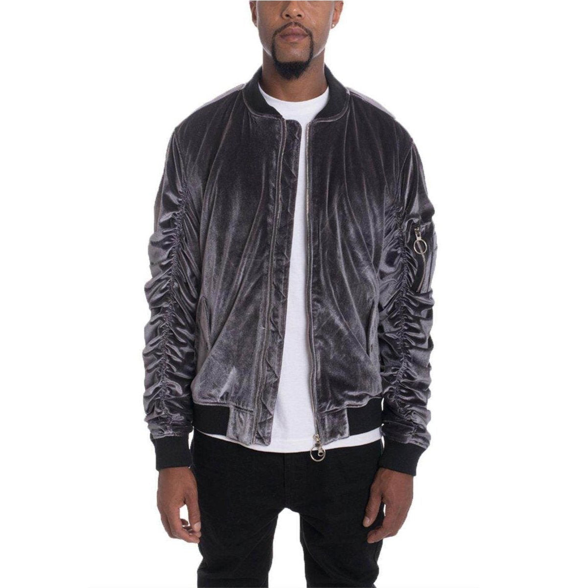 Stylish mens bomber jacket in soft velvet fabric with ribbed cuffs and zippered pockets