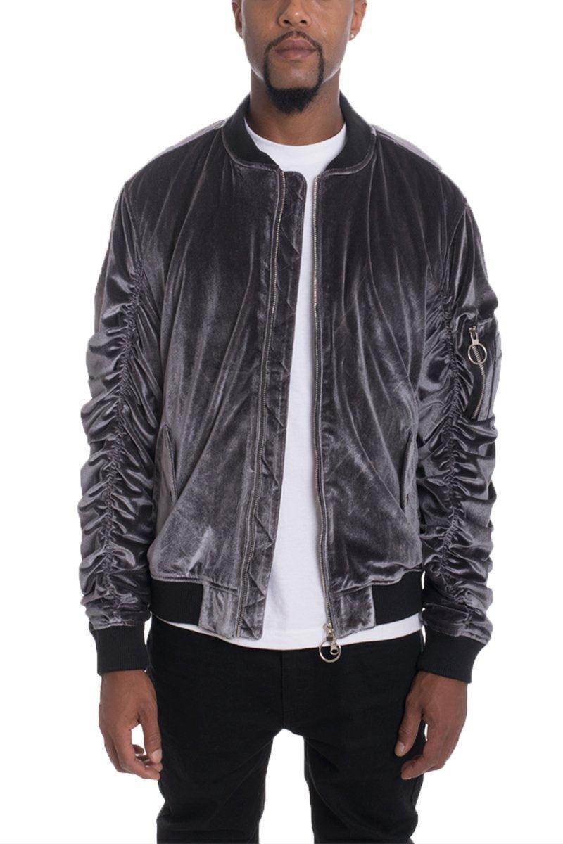 Stylish mens bomber jacket in soft velvet fabric with ribbed cuffs and zippered pockets