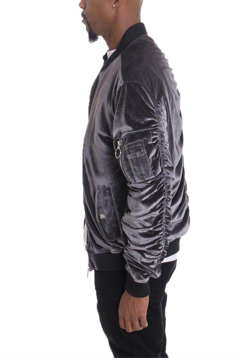 Stylish mens bomber jacket in gray velvet with side pocket and ribbed cuffs for fashionable layering