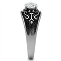 Stylish men's jewelry ring with a large diamond and intricate black detailing