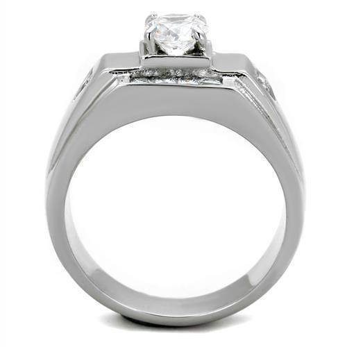 Stylish men's jewelry featuring a sleek silver ring with a sparkling center stone