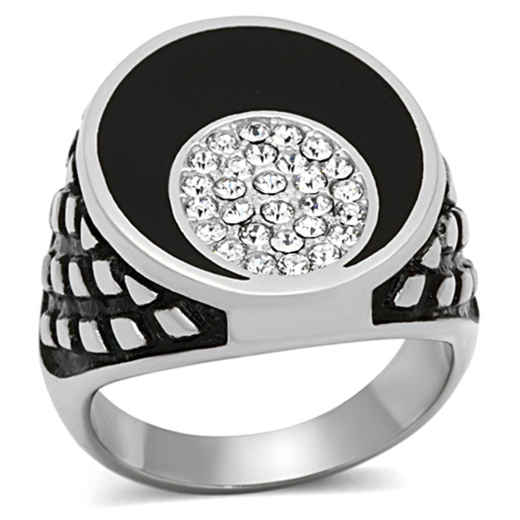 Stylish mens jewelry vacation ring with black enamel and sparkling crystal accents