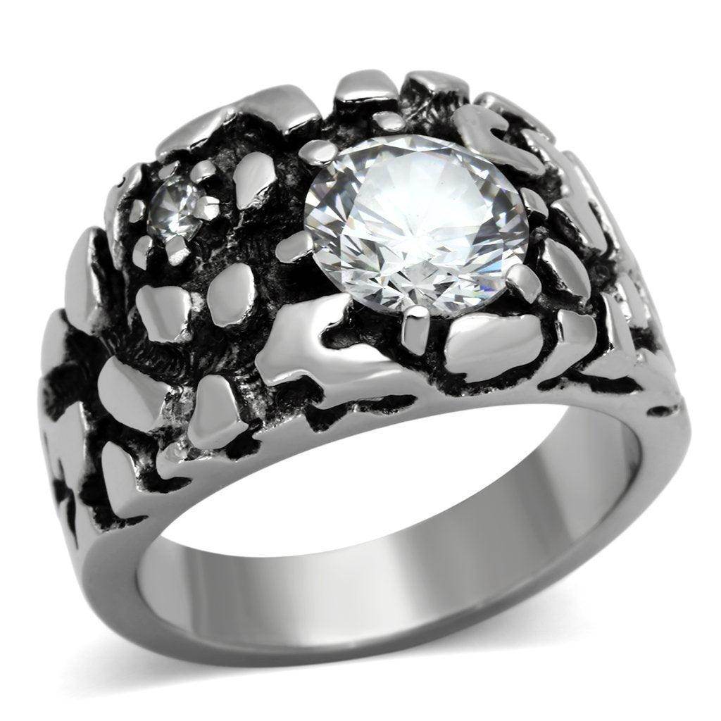 Stylish mens zirconia ring with a unique design featuring sparkling gemstones and a textured finish