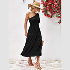 Trendsi stylish one-shoulder dress in black with tiered design, perfect for summer outings