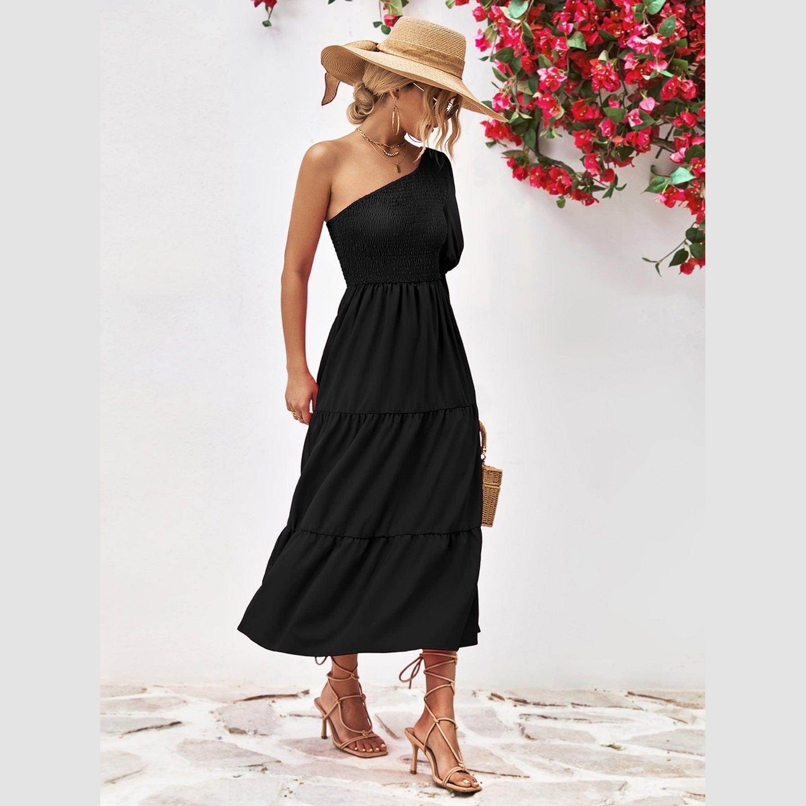 Trendsi stylish one-shoulder dress in black with tiered design, perfect for summer outings