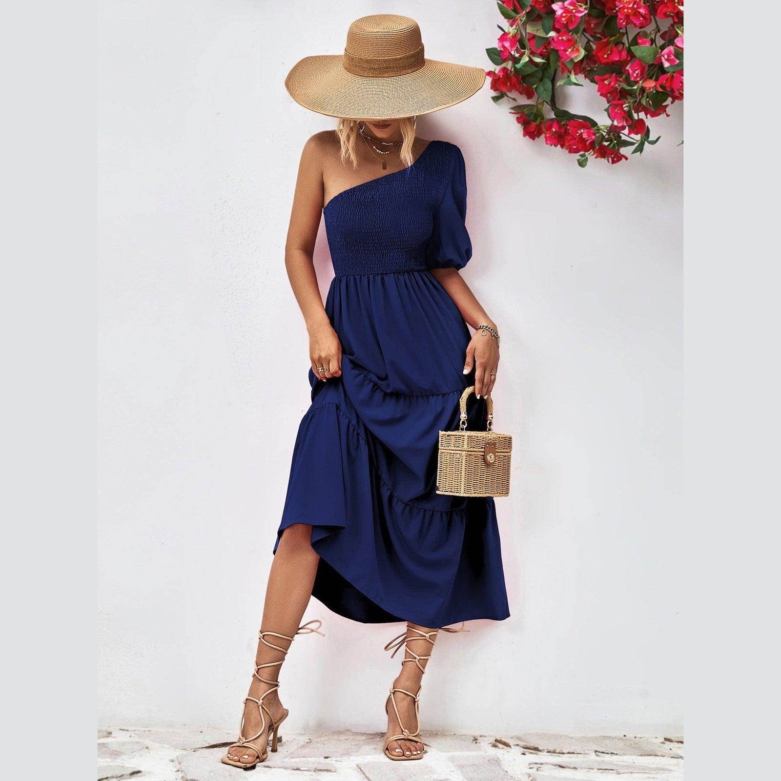 Trendsi stylish one-shoulder dress in navy featuring a flowing skirt and casual summer style