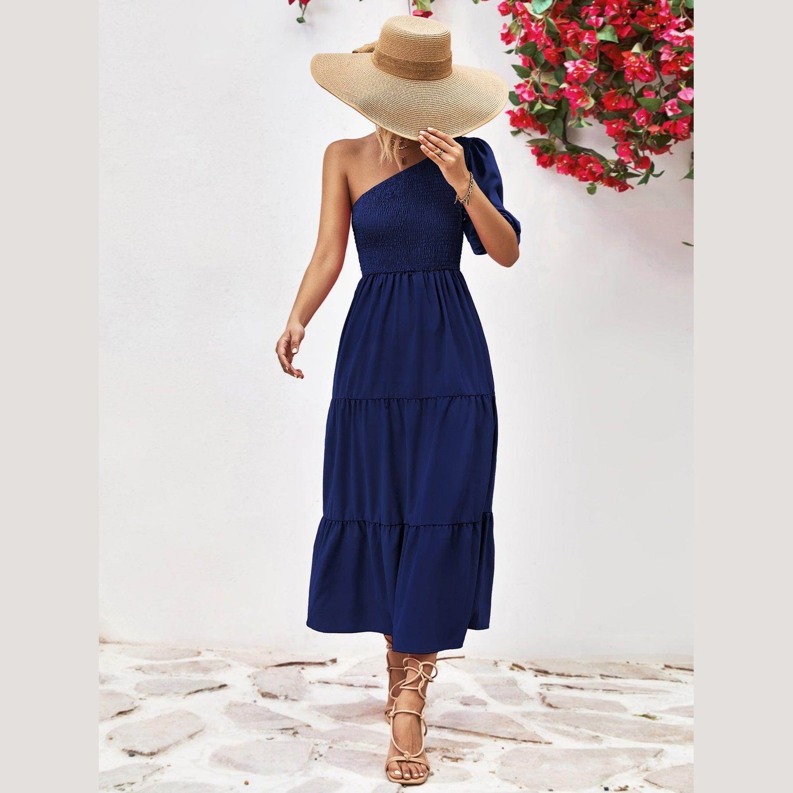 Navy stylish one-shoulder dress with ruffle detailing, perfect for summer outings or beach parties