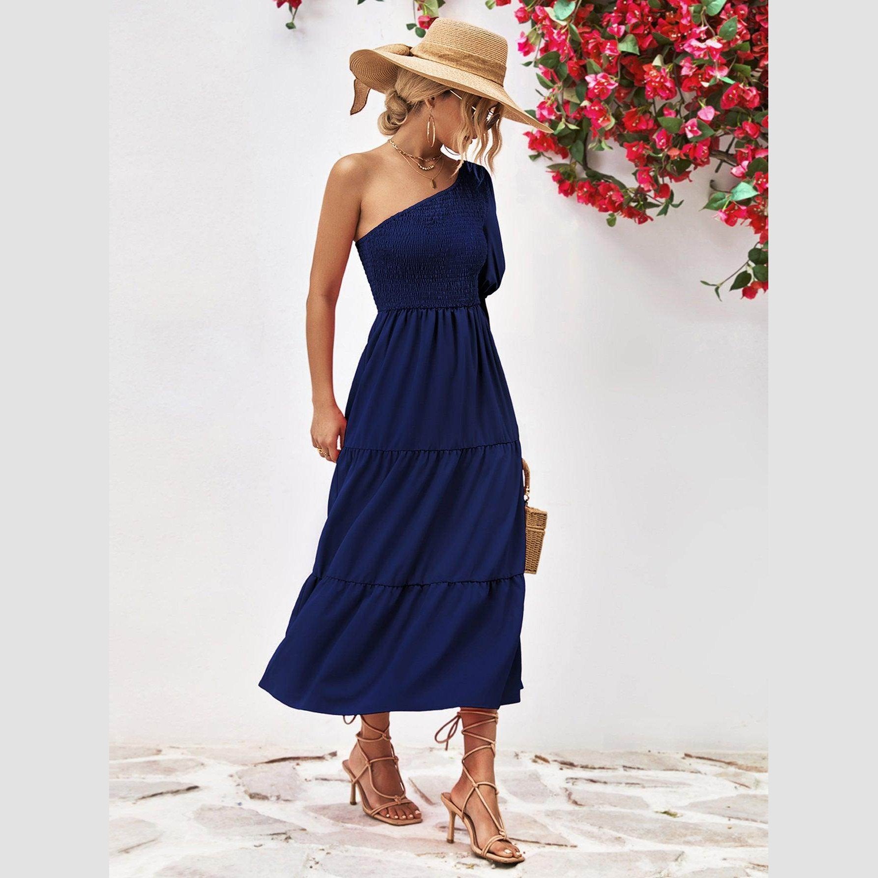 Trendsi stylish one-shoulder dress in navy blue with tiered design and elegant silhouette