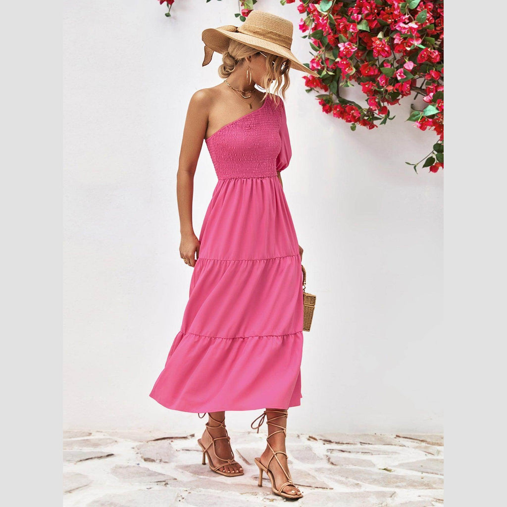 Trendsi stylish one-shoulder dress in vibrant pink with tiered skirt, perfect for summer outings