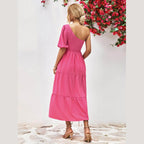 Trendsi stylish one-shoulder dress in pink with puff sleeve and tiered design