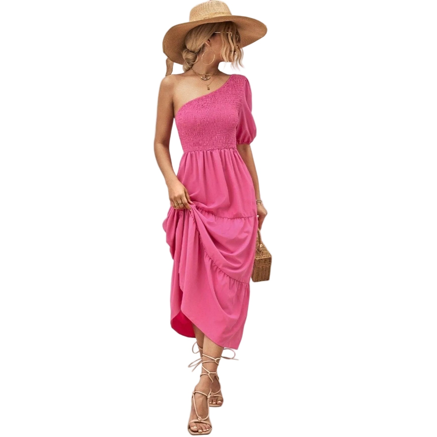 Trendy women's stylish one-shoulder dress in pink with smocked bodice and flowing skirt