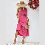 Trendsi stylish one-shoulder dress in pink with a chic high-low hem and puff sleeve