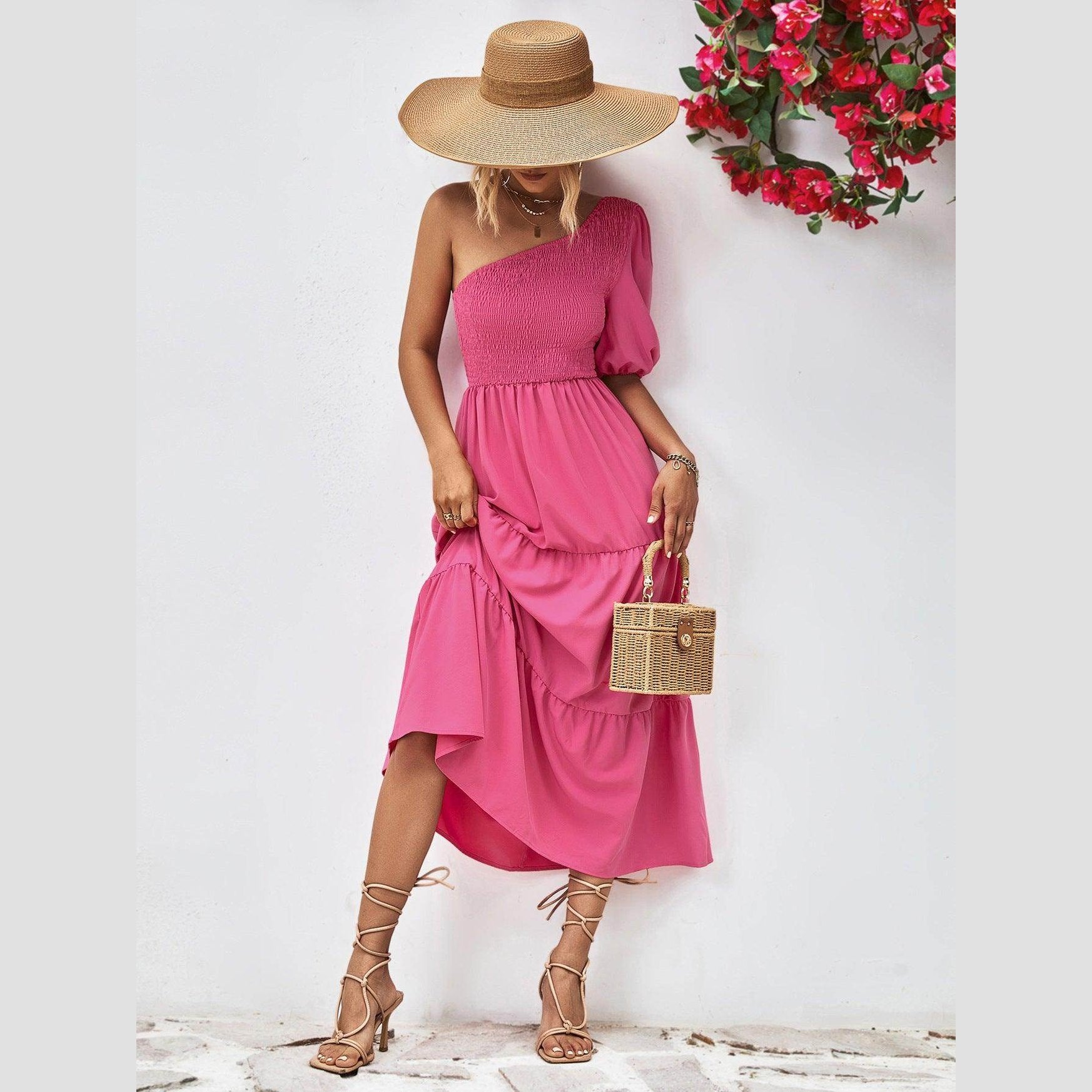 Trendsi stylish one-shoulder dress in pink with a chic high-low hem and puff sleeve