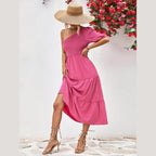 Trendsi stylish one-shoulder dress in pink with a tiered design, perfect for summer outings