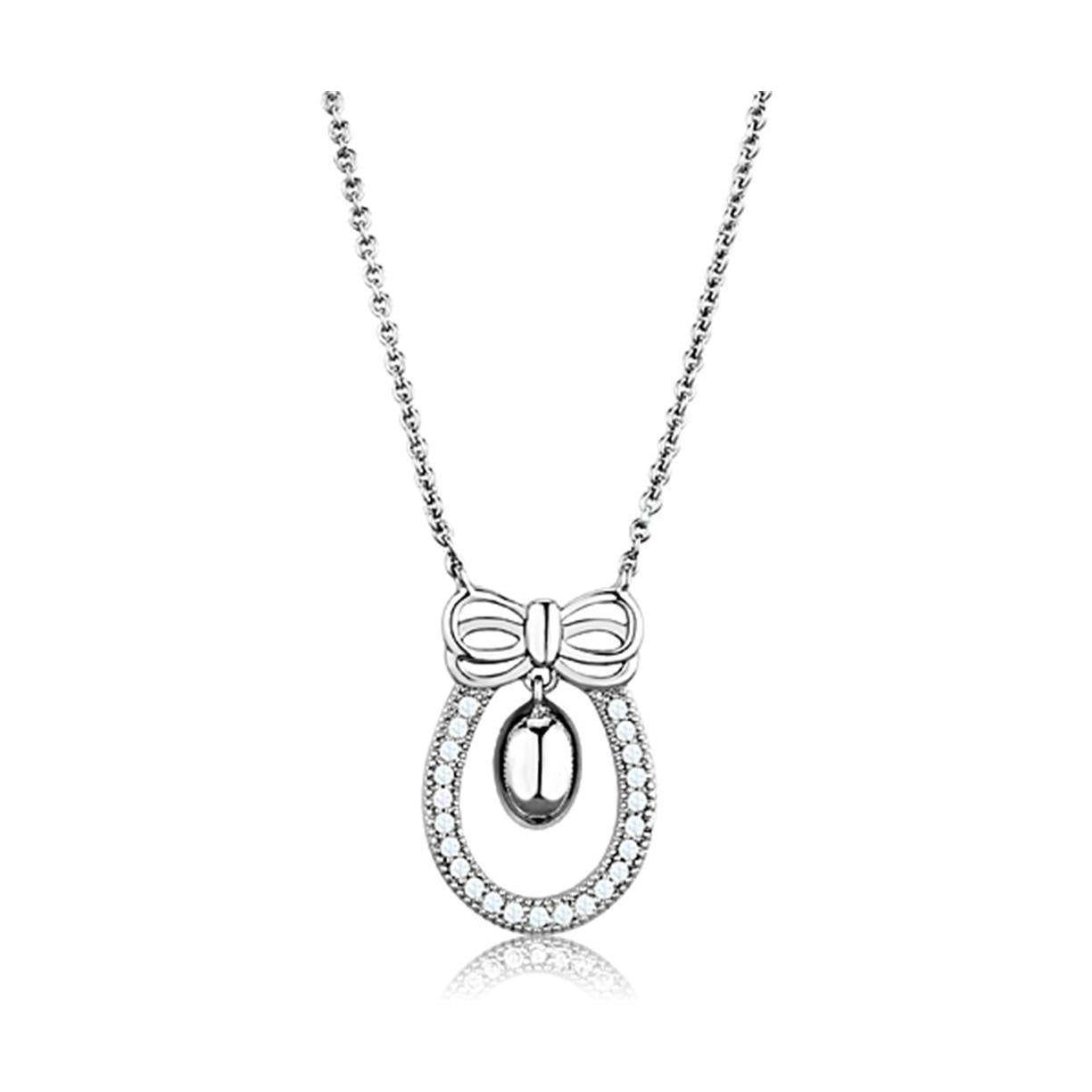 Stylish rhodium necklace gift with sparkling bow and oval pendant for elegant occasions