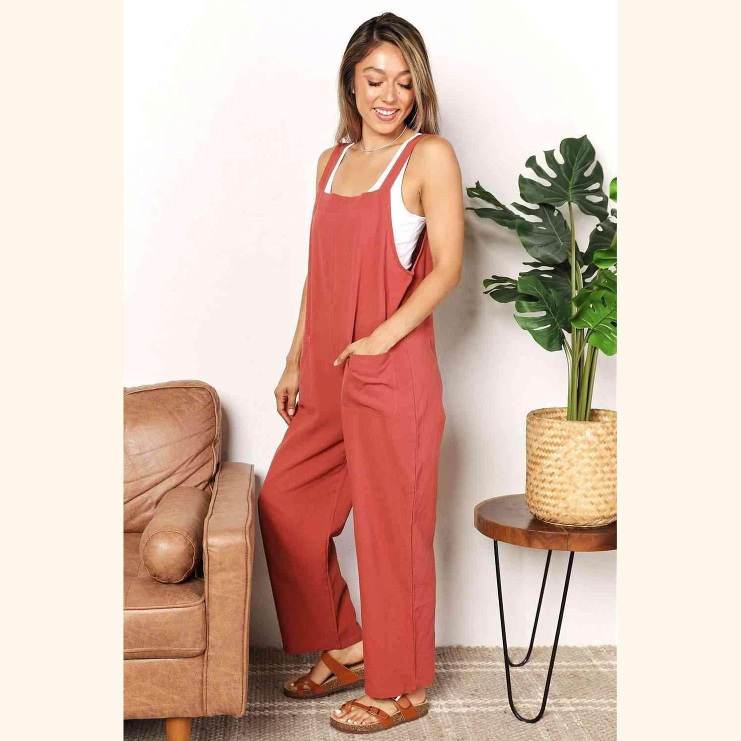 Trendsi stylish vacation overalls in terracotta color with adjustable straps and relaxed fit