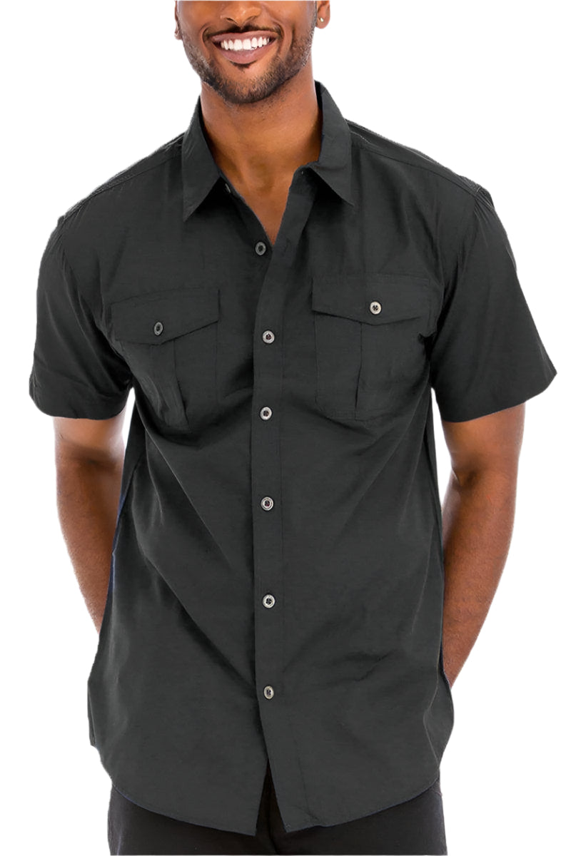 Stylish vacation shirts for men in black with short sleeves and button-up design