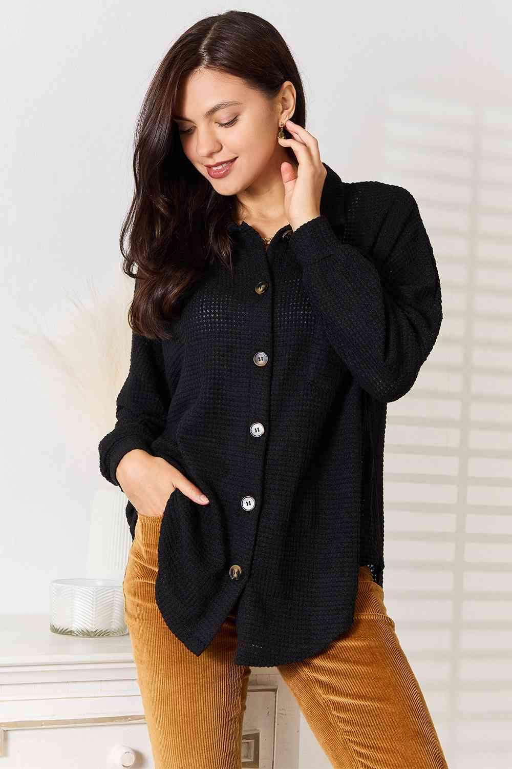 Trendsi stylish vacation sweater in black featuring a button-up design and comfortable fit