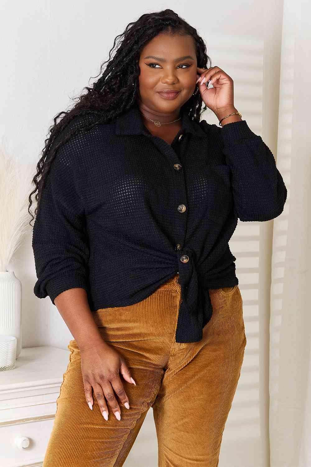 Trendsi Women's Stylish Vacation Sweater in Navy with Button Closure and Tie Front Detail