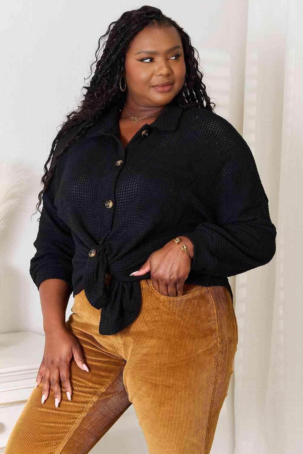 Trendsi stylish vacation sweater in black with button details and a knotted front, perfect for casual outings