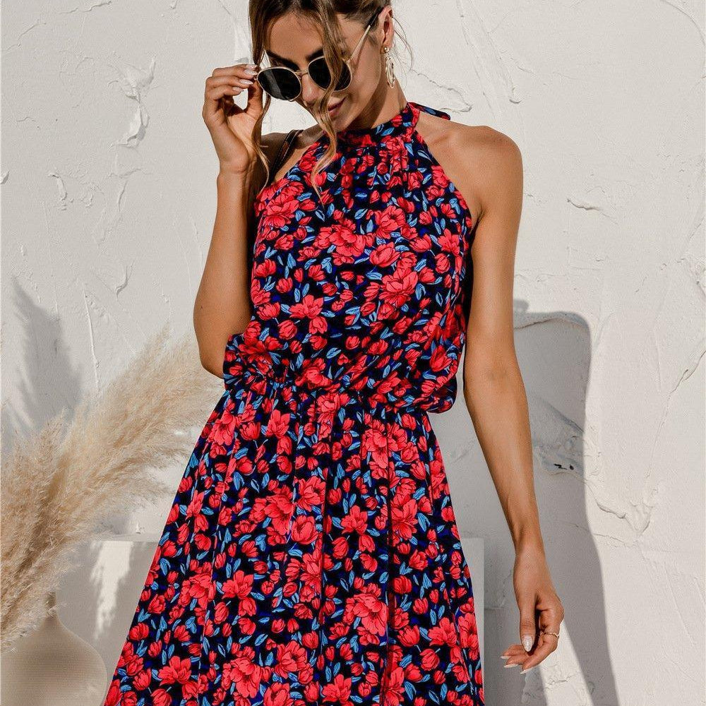 Women's Dresses Summer Sexy Halter Lace Up Floral Print Mini Dress