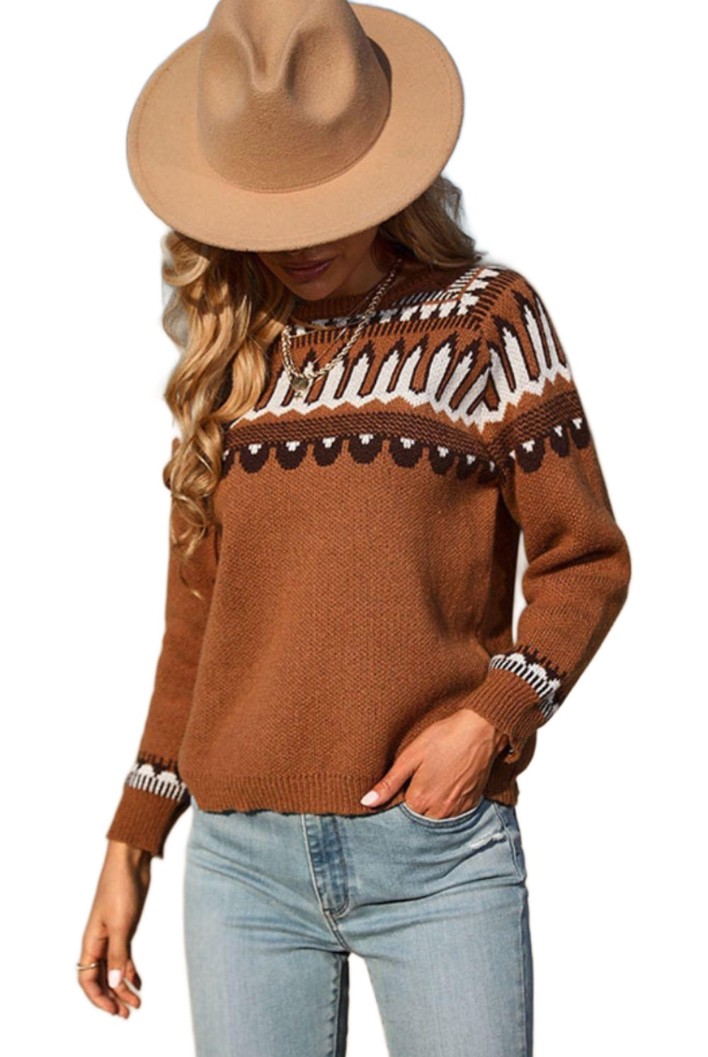 Women's Sweaters Sweet And Casual Patterned Round Neck Sweater