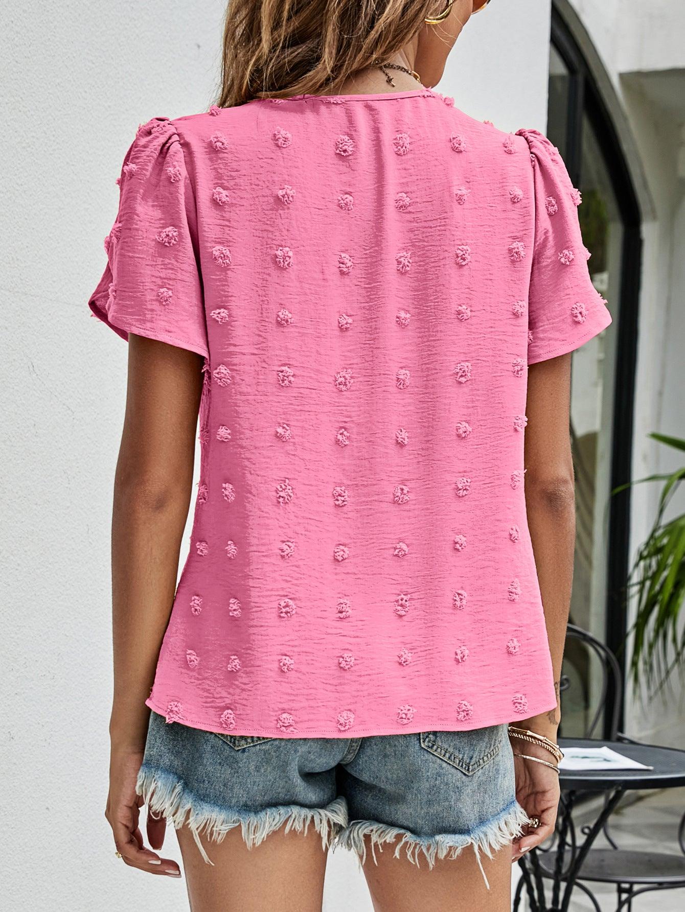 Women's Shirts Swiss Dot Round Neck Petal Sleeve Top