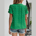 Swiss Dot Round Neck Petal Sleeve Top - VacationGrabs