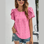 Swiss Dot Round Neck Petal Sleeve Top - VacationGrabs