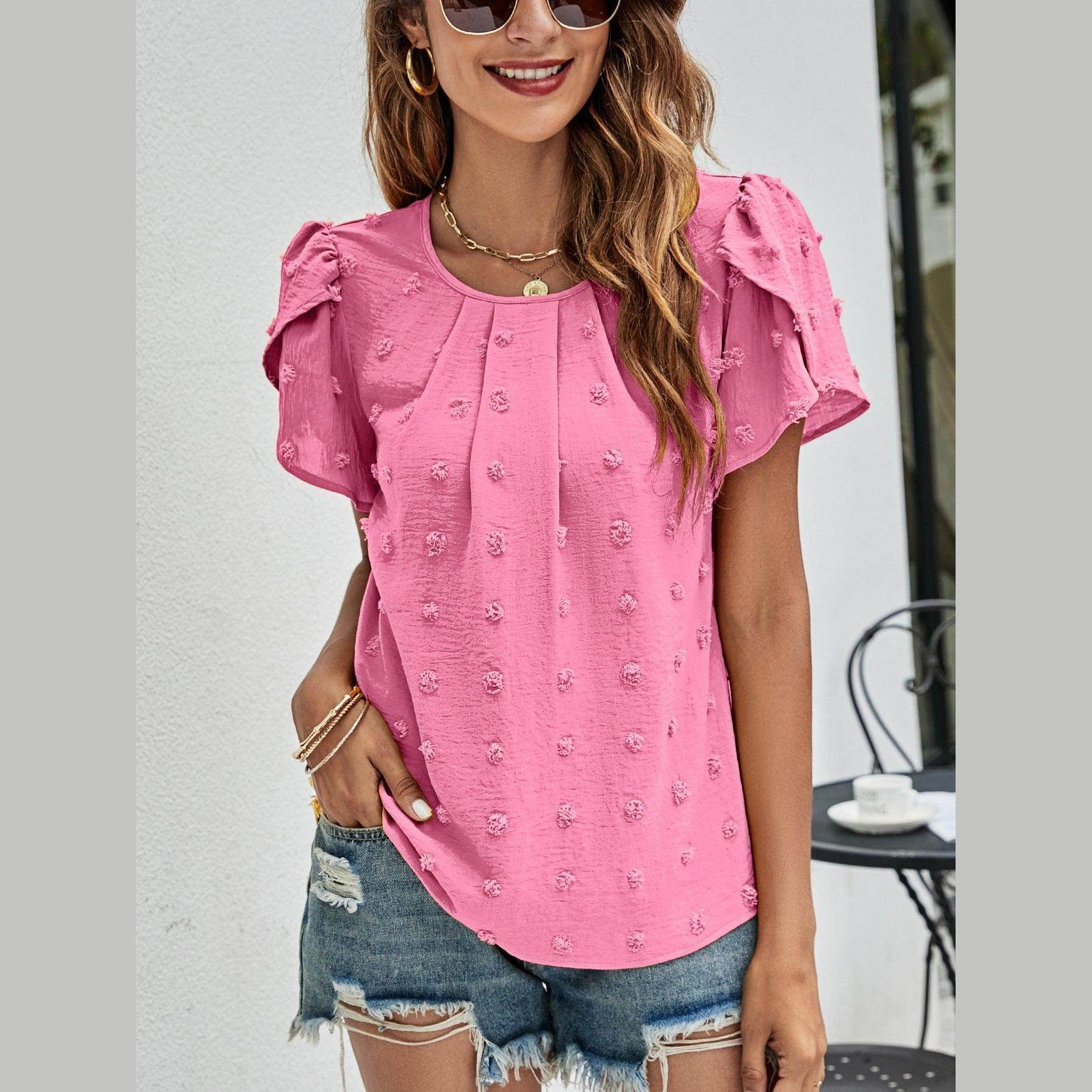 Swiss Dot Round Neck Petal Sleeve Top - VacationGrabs